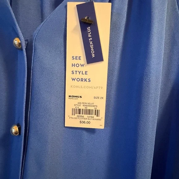 2X Blue Apt. 9 Brand New Top With Tags Flutter Short Sleeve Button Down Blouse - Picture 2 of 10